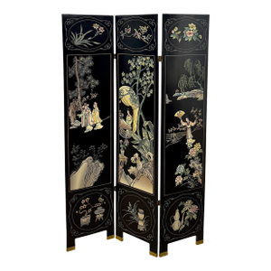 Vintage Chinoiserie Style Black Lacquer Three Panel Screen / Room Divider