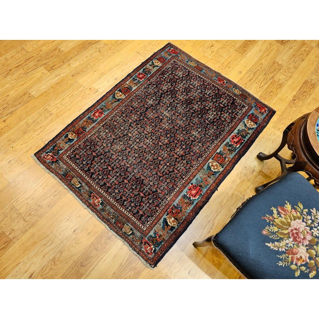 Textile Antique Persian Senneh Area Rug, Hand-Knotted Wool, Herati Pattern & Gol Farang Border, Navy & Light Blue, 4x5 For Sale - Image 7 of 18