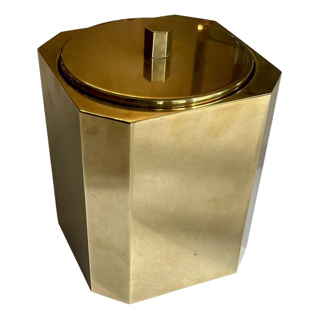 Mid-Century Modern Brass Ice Bucket with Ice Cube Tray and Glass Insert, 1970s For Sale