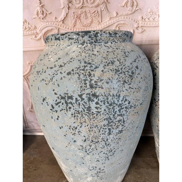 Spanish Pair of Large Antique Terracotta Storage Jars With Blue Weathered Patina For Sale - Image 3 of 12