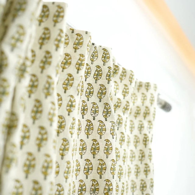 Block Print Natural Linen Curtain for Bohemian Home Décor Size 54"Wx63"L-Lil Paisley For Sale - Image 4 of 7