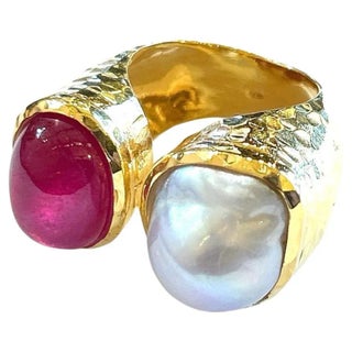 Bochic “Orient” Ruby & South Sea Pearl 2 Gem Ring Set 18K & Silver, Size 4 For Sale