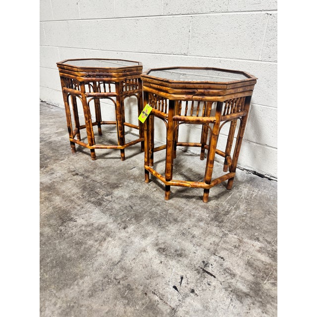 Hollywood Regency Vintage Boho Burnt Bamboo Glass Top Drink Tables - A Pair For Sale - Image 3 of 7