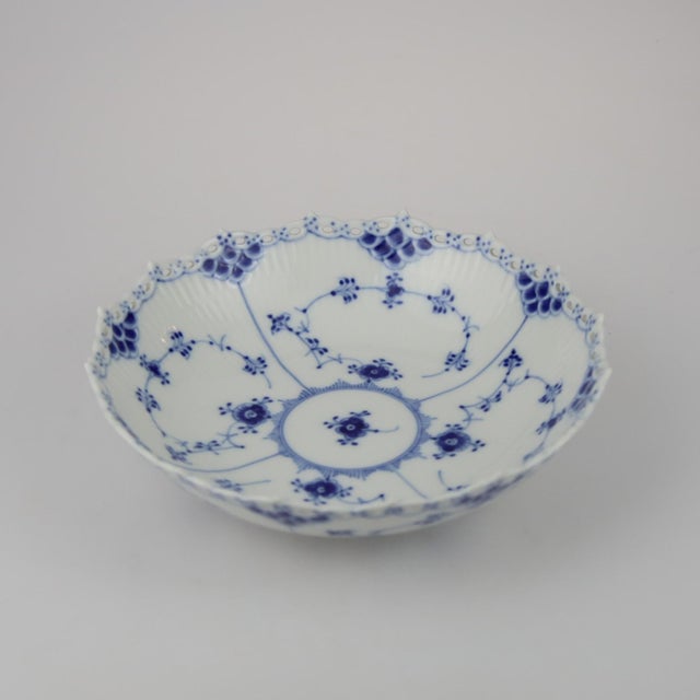 Royal Copenhagen decorative bowl, no. 1018, in Blue Fluted Full Lace. Dates to 1967. First sorting, meaning finest quality...