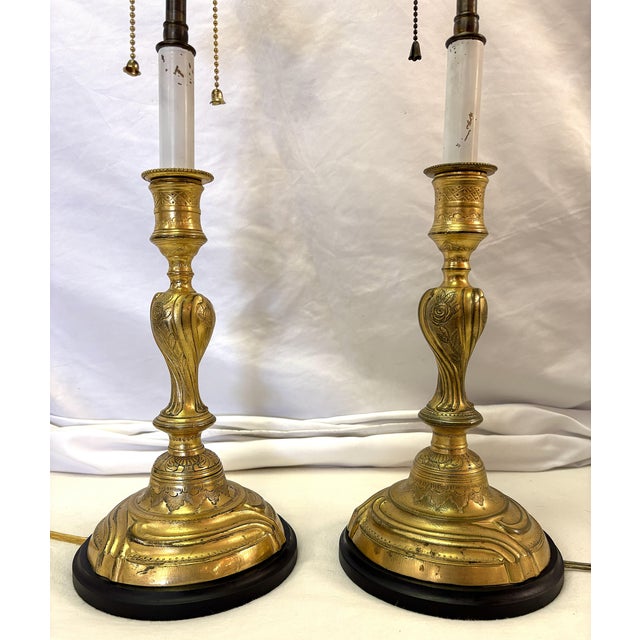 Early 20th Century Antique French Art Nouveau Embossed Brass Candlestick Lamps- A Pair For Sale - Image 5 of 18