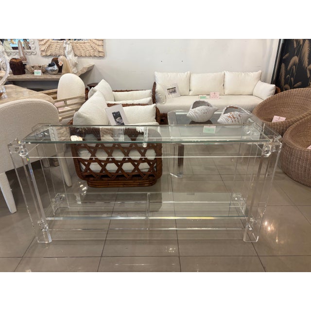 Transparent Vintage Modern Peg Lucite Console Table Two Tier New Glass Tops For Sale - Image 8 of 12