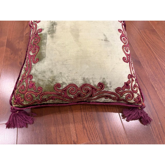 Green Luxury Custom Set of 3 Embroidered Silk Velvet Cushions For Sale - Image 8 of 11