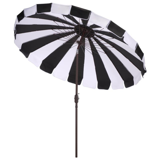 Metal Buti 9 Ft Crank Umbrella, Black Cabana Stripe/Brown Pole For Sale - Image 7 of 9