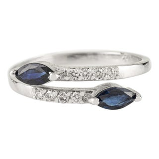 Modern Marquise Blue Sapphire and Diamond Bypass Ring Size 6.5 in 14k White Gold For Sale