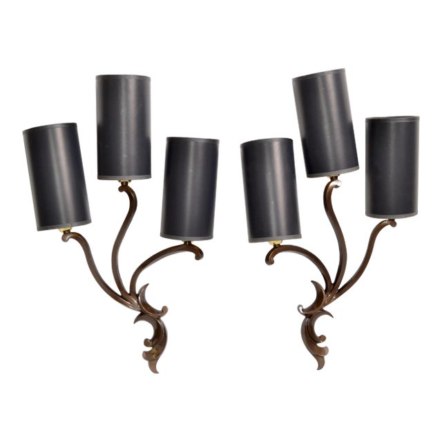 Riccardo Scarpa Bronze Sconces & Shades, Wall Lights Art Deco Italy 1950 - Pair For Sale