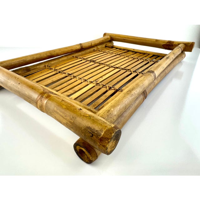 Wood Vintage Mid Century Woven Bamboo Tray With Rustic Character For Sale - Image 7 of 13