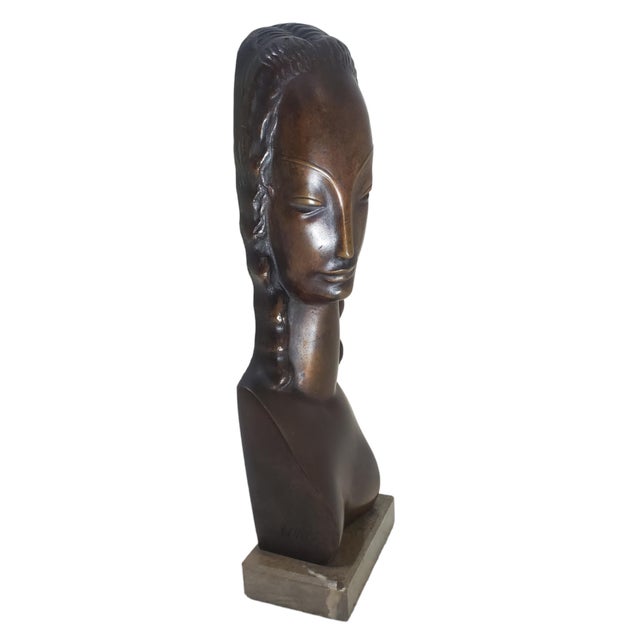 Art Deco Early 20th Century Minimalist Bronze Sculpture / Portrait / Bust of a Woman by Adam Antes For Sale - Image 3 of 12