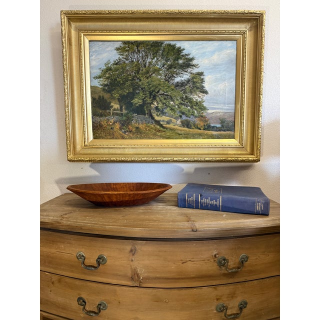 Rustic European Antique Oil Painting Landscape by Maxwell 1885 Trees Water Mountains Gold Frame For Sale - Image 3 of 12
