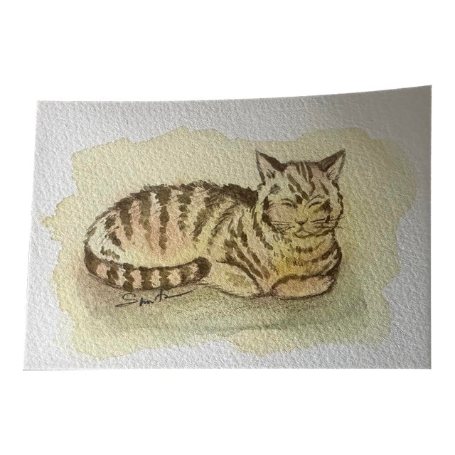 “Golden Tabby at Rest” Original Miniature Watercolor Painting by Nancy Smith For Sale
