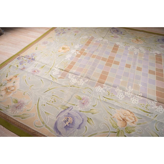9x12 Vintage Aubusson Flat Weave Wool Rug, Light Blue Art Nouveau Floral For Sale - Image 12 of 15