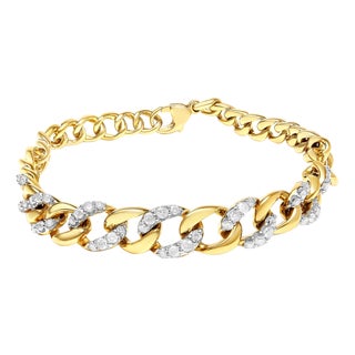 14K Yellow Gold Plated .925 Sterling Silver 1 1/4 Cttw Diamond Cuban Chain Link Bracelet (I-J Color, I3 Clarity)- 7.25" For Sale