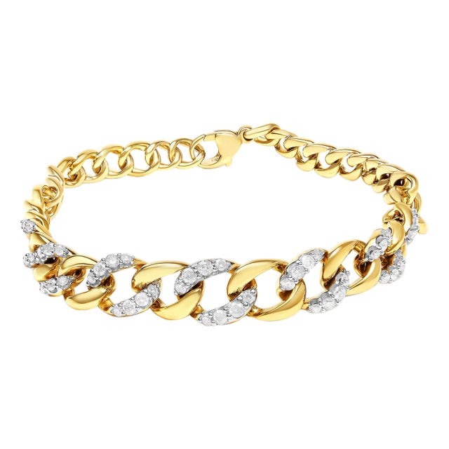 14K Yellow Gold Plated .925 Sterling Silver 1 1/4 Cttw Diamond Cuban Chain Link Bracelet (I-J Color, I3 Clarity)- 7.25" For Sale