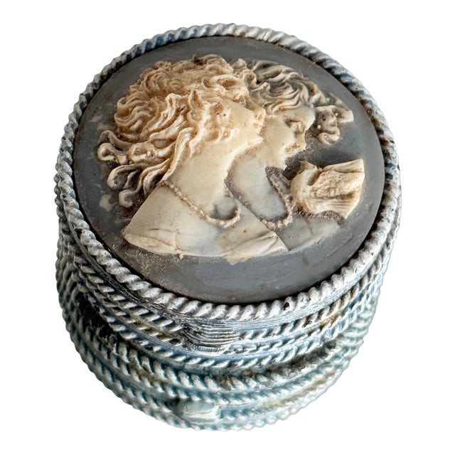 Vintage Neo Classical/Victorian Revival Estée Lauder Blue Cameo Twin Sisters Solid Perfume Compact For Sale