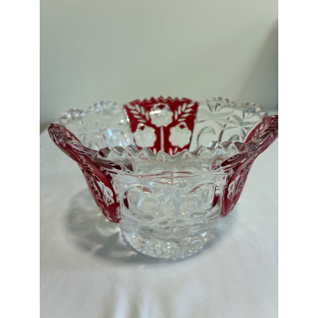 Beautiful vintage cut glass bowl by 5th Avenue in the Rosalina pattern. Features a vibrant ruby red flash overlay with...