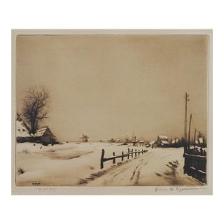 1931 Sepia Toned Continental School Village in Winter Etching For Sale