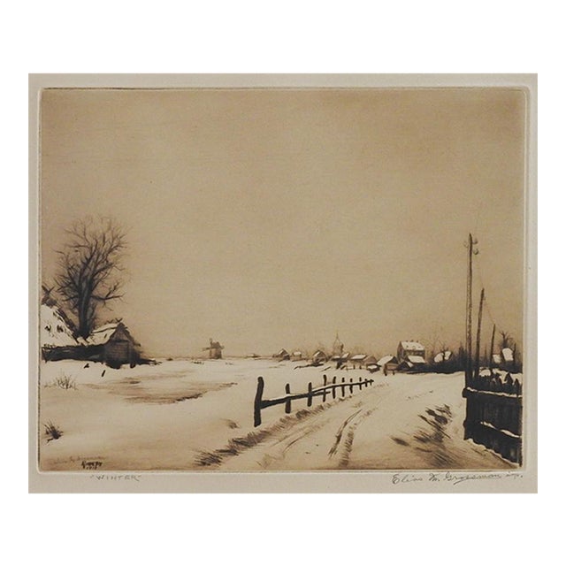 1931 Sepia Toned Continental School Village in Winter Etching For Sale