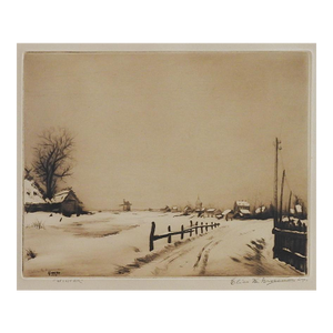 1931 Sepia Toned Continental School Village in Winter Etching