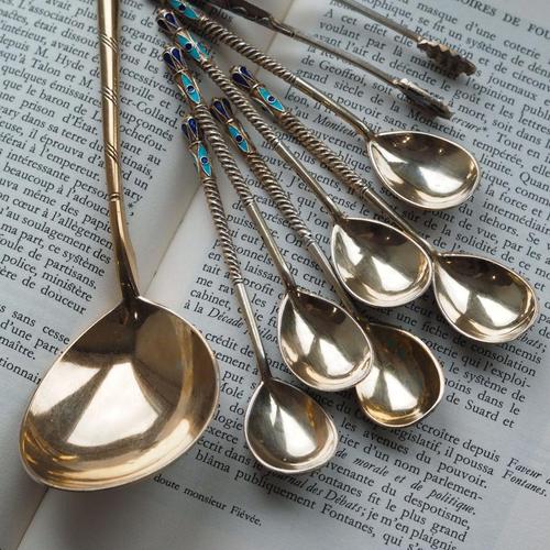 Antique Russian Silver Enamel Cloisonne Spoons by Dmitrii Nikolaevich Nikolaev, 1900s, Set of 6 For Sale - Image 12 of 18