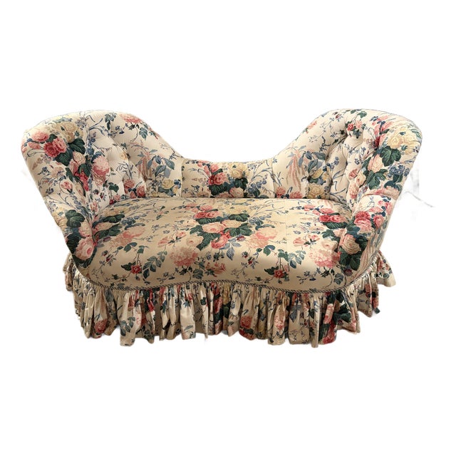 Vintage French Provincial Floral Chintz Conversation Double Spoon Back Sofa / Settee For Sale