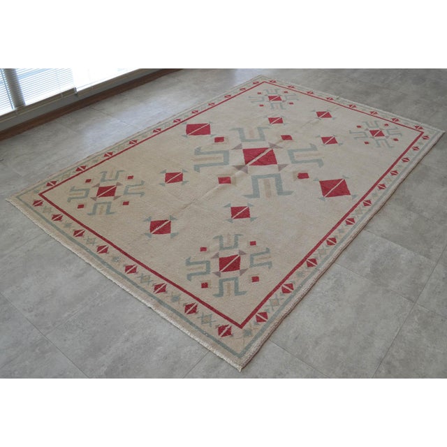 Muted Colors Impressive Medallion Vintage Faded Ushak Rug Low Pile