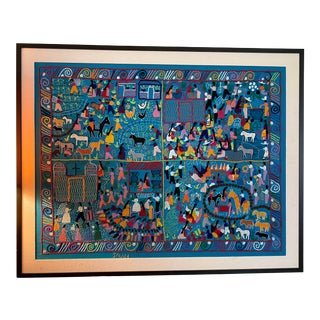 Large Stitched Story Cloth Folk Art Custom Matted and Framed For Sale