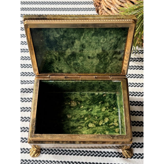 Mid-Century Italian Grand Tour Green Alabaster Box With Brass Paw Feet For Sale - Image 12 of 15