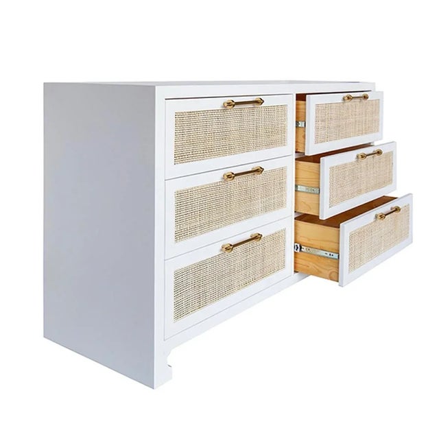 Contemporary Matthew Izzo Home - Carla British West Indies Style Matte White Canvas, Six Drawer Dresser With Caned Drawers and Brass Hardware For Sale - Image 3 of 6