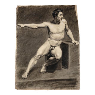 Antique French Academic Male Nude Study Charcoal Life Drawing Portrait For Sale