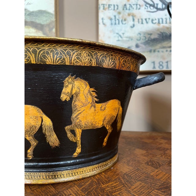 Metal Antique English Planter Jardiniere Horse Equine Black Decoupage Tole Metal C1900 For Sale - Image 7 of 18