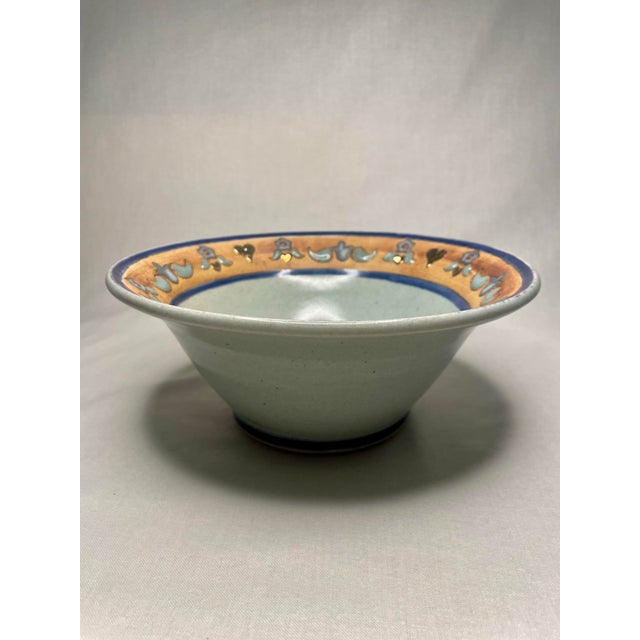 Metal Vintage Folk Art Pottery Decorative Bowl in Pistachio Green, Blue, and Gold Finish For Sale - Image 7 of 10