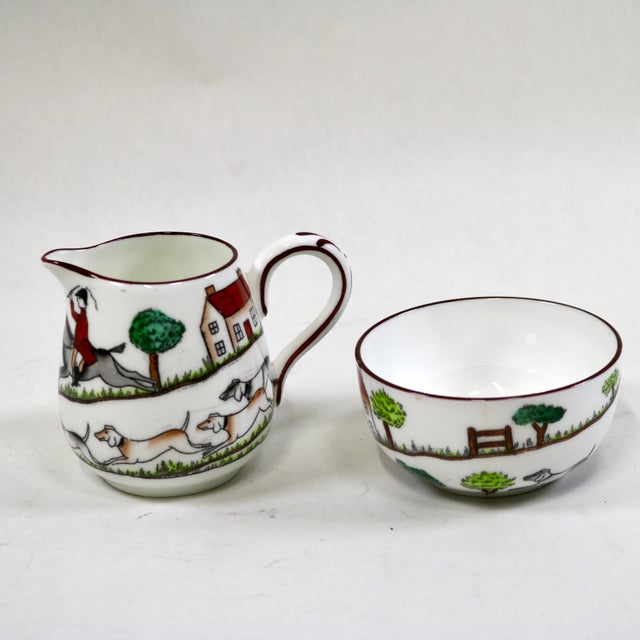 Crown Staffordshire Early 20th Century Crown Staffordshire Hunting Scene Mini Creamer Pitcher and Open Sugar Bowl For Sale - Image 4 of 8
