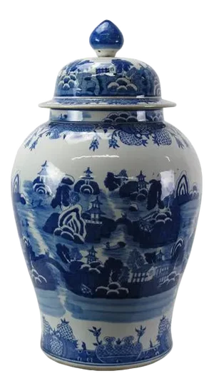 Chinese Blue and White Porcelain Ginger Jar With Hand Painted Scenery
