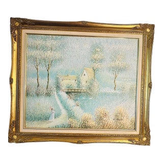 Vintage Impressionist Pastel Cottage Oil Painting in Ornate Gold Frame For Sale