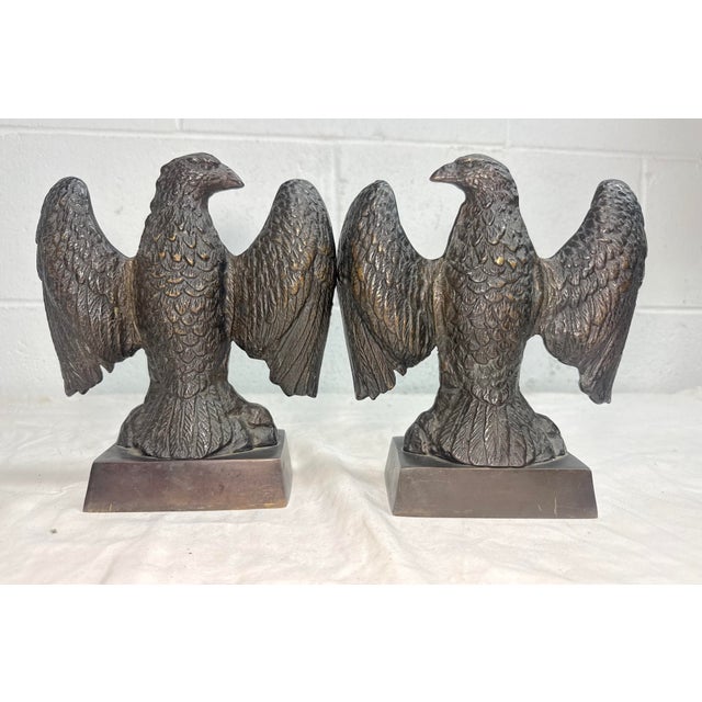 Pair of Vintage Solid Bronze Realistic Open Winged American Bald Eagle Bookends For Sale - Image 9 of 12
