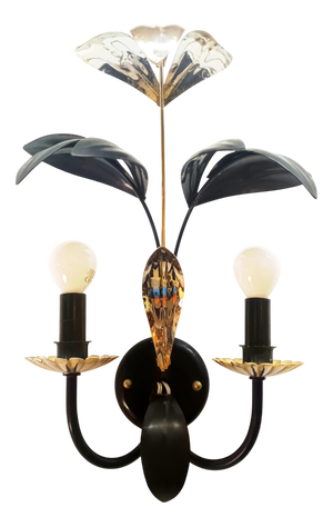 Hollywood Regency Black and Gilt Leaf Wall Sconce, 1980s