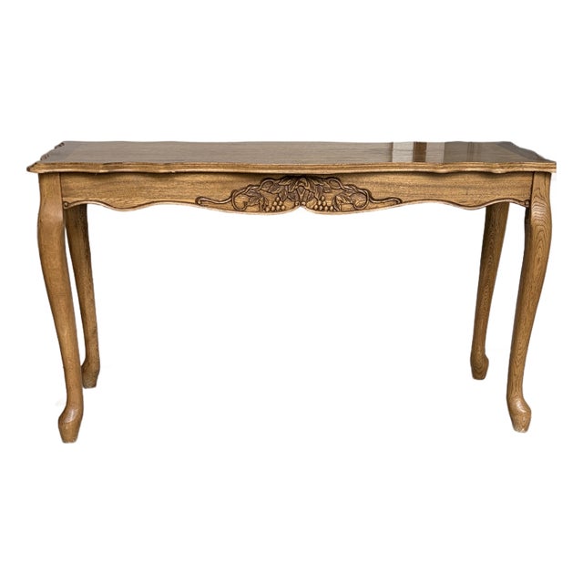 1970s Golden Oak Console Table With Decorative Design Motiff For Sale
