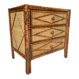 British Colonial Rattan and Bamboo Nightstand With Glass Top For Sale