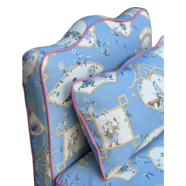 The House of Scalamandre Pair Linen Scalloped Slipper Chairs in House of Scalamandre For Sale - Image 4 of 16