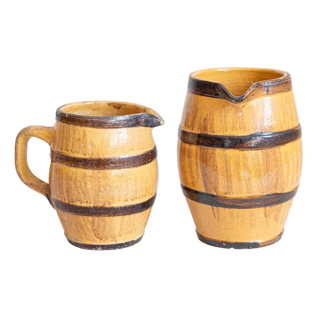 19th Century French Rustic Pottery Pitchers with Yellow and Brown Glaze For Sale