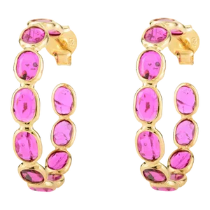 18k Solid Yellow Gold Oval Cut Ruby C-Hoops Earrings - 2 Pieces