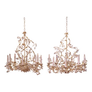 Pair of French Louis XV Painted Tole and Crystal Eight-Light Chandeliers For Sale