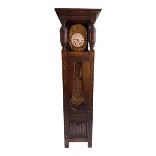 Antique Tudor Oak Linen Fold Long Case Clock by E. Favot of Bleneau For Sale