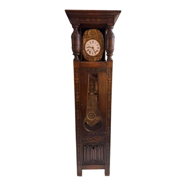 Antique Tudor Oak Linen Fold Long Case Clock by E. Favot of Bleneau For Sale