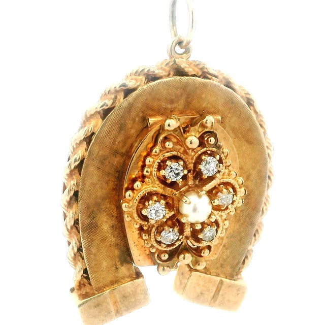 Metal Antique 1880s 14k Rose Gold Horseshoe Locket Pendant With Diamonds & Pearl For Sale - Image 7 of 15