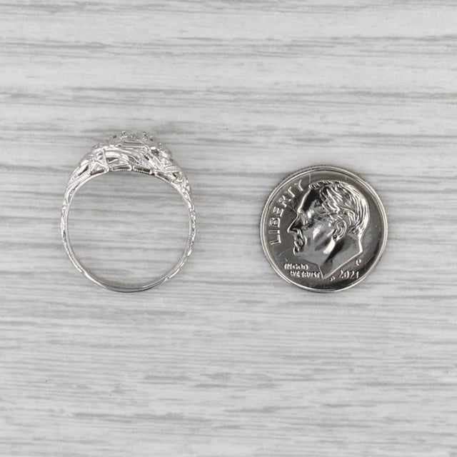 Metal Early 20th Century Art Deco Diamond Solitaire Ring 18k White Gold Filigree Size 7.5 For Sale - Image 7 of 8